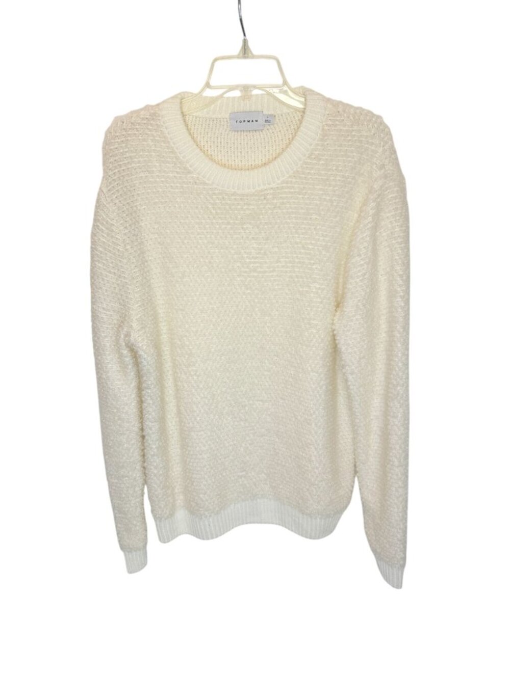 Topman Sweater Fuzzy Pullover Crew Neck Tan Ivory Ribbed Cuffs Hem - Size L